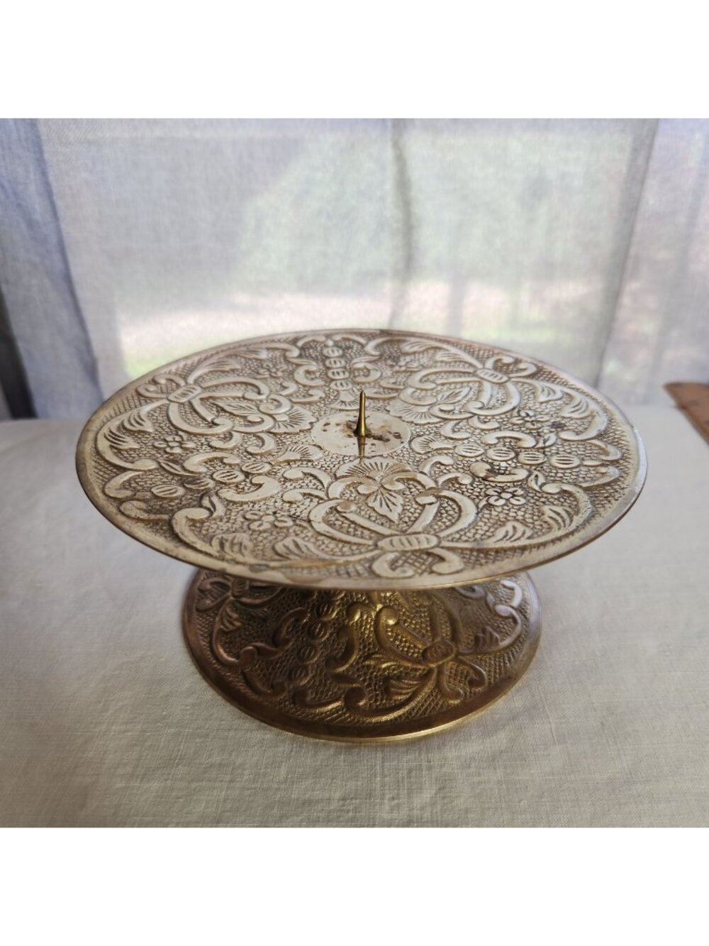 Vintage Brass Candle Holder With Intricate Floral Engraving Pedestal Design Made